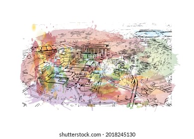 Building view with landmark of Irvine is a city in California. Watercolor splash with hand drawn sketch illustration in vector.