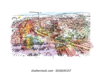 Building view with landmark of Irvine is a city in California. Watercolor splash with hand drawn sketch illustration in vector.