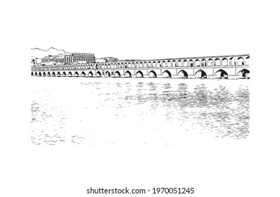 Building view with landmark of Isfahan is a city in central Iran. Hand drawn sketch illustration in vector.