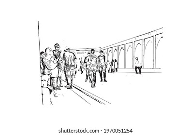 Building view with landmark of Isfahan is a city in central Iran. Hand drawn sketch illustration in vector.