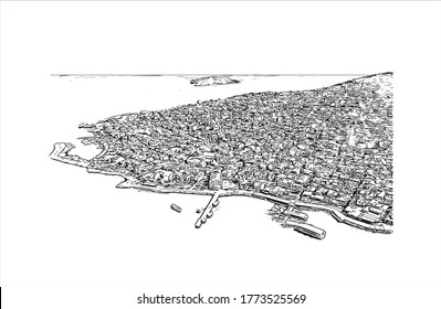 Building view with landmark of The Princes’ Islands are a cluster of 9 islands southeast of Istanbul in the Sea of Marmara Hand drawn sketch illustration vector.