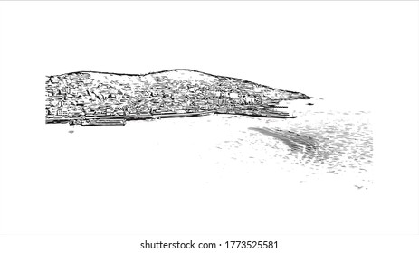 Vista de edificios con puntos de referencia de las Islas Princes son un grupo de 9 islas al sudeste de Estambul en el Mar de Mármara Hand dibujó un vector de ilustración de sketch.