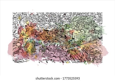 Building view with landmark of The Princes’ Islands are a cluster of 9 islands southeast of Istanbul in the Sea of Marmara.  Watercolor splash with hand drawn sketch illustration vector.