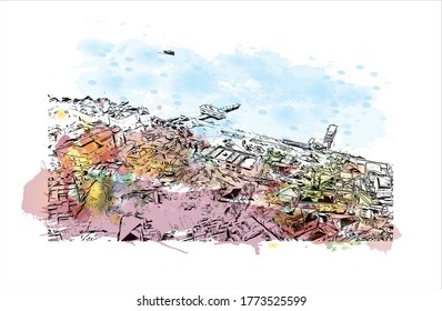 Building view with landmark of The Princes’ Islands are a cluster of 9 islands southeast of Istanbul in the Sea of Marmara.  Watercolor splash with hand drawn sketch illustration vector.