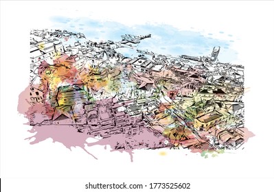 Building view with landmark of The Princes’ Islands are a cluster of 9 islands southeast of Istanbul in the Sea of Marmara.  Watercolor splash with hand drawn sketch illustration vector.