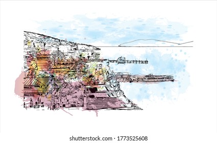 Building view with landmark of The Princes’ Islands are a cluster of 9 islands southeast of Istanbul in the Sea of Marmara.  Watercolor splash with hand drawn sketch illustration vector.
