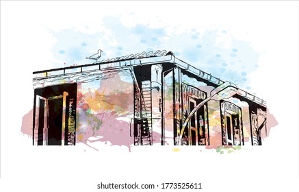 Building view with landmark of The Princes’ Islands are a cluster of 9 islands southeast of Istanbul in the Sea of Marmara.  Watercolor splash with hand drawn sketch illustration vector.