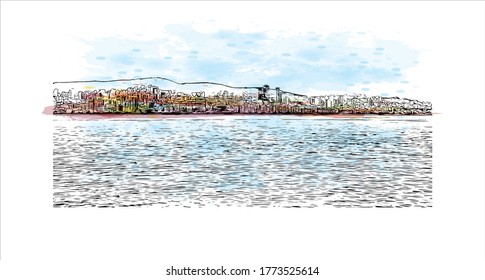 Building view with landmark of The Princes’ Islands are a cluster of 9 islands southeast of Istanbul in the Sea of Marmara.  Watercolor splash with hand drawn sketch illustration vector.