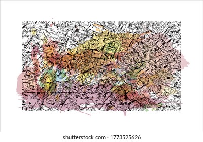 Building view with landmark of The Princes’ Islands are a cluster of 9 islands southeast of Istanbul in the Sea of Marmara.  Watercolor splash with hand drawn sketch illustration vector.