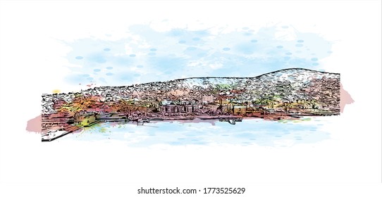 Las vistas de los edificios con los monumentos de las Islas Princes son un conjunto de 9 islas al sudeste de Estambul en el mar de Mármara.  Salto de color de agua con el vector de ilustración de esbozo dibujado a mano.