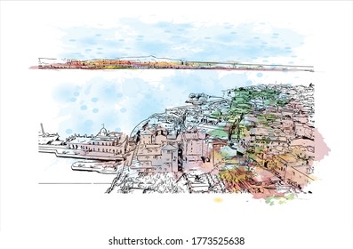 Building view with landmark of The Princes’ Islands are a cluster of 9 islands southeast of Istanbul in the Sea of Marmara.  Watercolor splash with hand drawn sketch illustration vector.