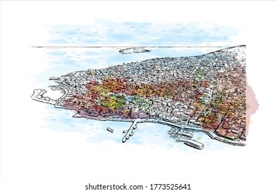 Building view with landmark of The Princes’ Islands are a cluster of 9 islands southeast of Istanbul in the Sea of Marmara.  Watercolor splash with hand drawn sketch illustration vector.