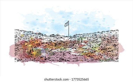 Building view with landmark of The Princes’ Islands are a cluster of 9 islands southeast of Istanbul in the Sea of Marmara.  Watercolor splash with hand drawn sketch illustration vector.