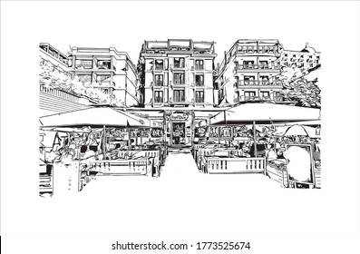 Building view with landmark of The Princes’ Islands are a cluster of 9 islands southeast of Istanbul in the Sea of Marmara Hand drawn sketch illustration vector.