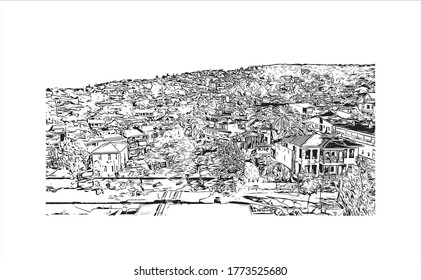 Vista de edificios con puntos de referencia de las Islas Princes son un grupo de 9 islas al sudeste de Estambul en el Mar de Mármara Hand dibujó un vector de ilustración de sketch.