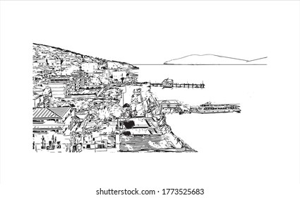 Building view with landmark of The Princes’ Islands are a cluster of 9 islands southeast of Istanbul in the Sea of Marmara Hand drawn sketch illustration vector.