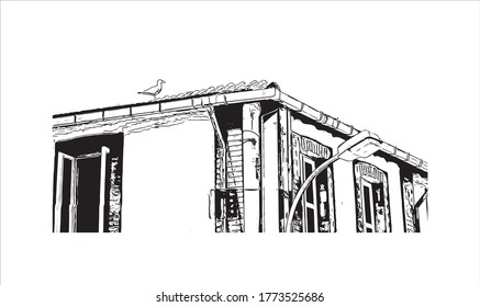 Building view with landmark of The Princes’ Islands are a cluster of 9 islands southeast of Istanbul in the Sea of Marmara Hand drawn sketch illustration vector.