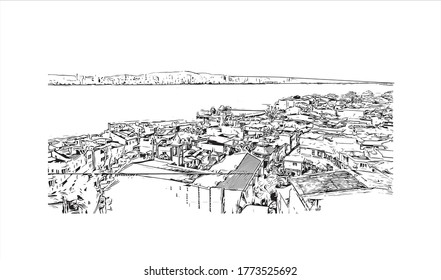 Building view with landmark of The Princes’ Islands are a cluster of 9 islands southeast of Istanbul in the Sea of Marmara Hand drawn sketch illustration vector.