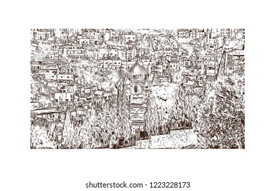 Building view with landmark of Israel, a Middle Eastern country on the Mediterranean Sea, is regarded by Jews, Christians and Muslims as the biblical Holy Land. Hand drawn sketch in vector.