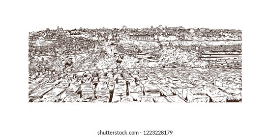 Building view with landmark of Israel, a Middle Eastern country on the Mediterranean Sea, is regarded by Jews, Christians and Muslims as the biblical Holy Land. Hand drawn sketch in vector.
