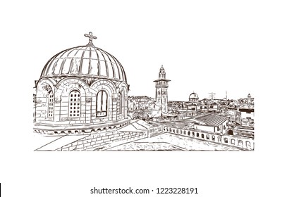Building view with landmark of Israel, a Middle Eastern country on the Mediterranean Sea, is regarded by Jews, Christians and Muslims as the biblical Holy Land. Hand drawn sketch in vector.