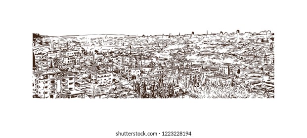 Building view with landmark of Israel, a Middle Eastern country on the Mediterranean Sea, is regarded by Jews, Christians and Muslims as the biblical Holy Land. Hand drawn sketch in vector.