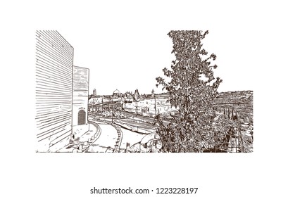 Building view with landmark of Israel, a Middle Eastern country on the Mediterranean Sea, is regarded by Jews, Christians and Muslims as the biblical Holy Land. Hand drawn sketch in vector.