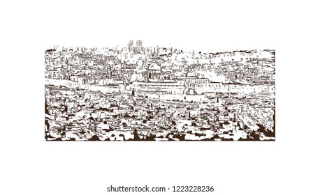 Building view with landmark of Israel, a Middle Eastern country on the Mediterranean Sea, is regarded by Jews, Christians and Muslims as the biblical Holy Land. Hand drawn sketch in vector.