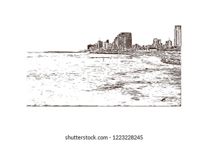 Building view with landmark of Israel, a Middle Eastern country on the Mediterranean Sea, is regarded by Jews, Christians and Muslims as the biblical Holy Land. Hand drawn sketch in vector.