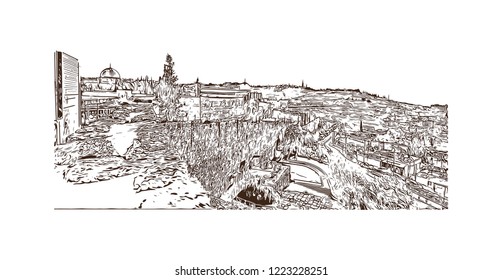 Building view with landmark of Israel, a Middle Eastern country on the Mediterranean Sea, is regarded by Jews, Christians and Muslims as the biblical Holy Land. Hand drawn sketch in vector.