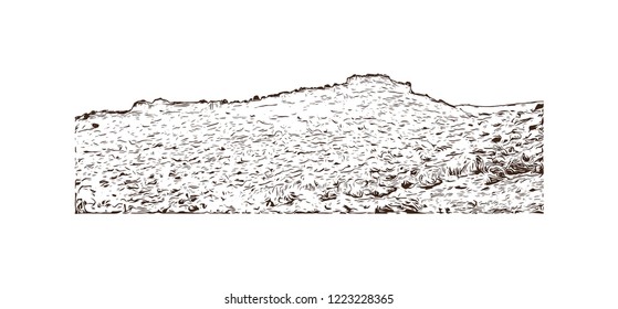 Building view with landmark of Israel, a Middle Eastern country on the Mediterranean Sea, is regarded by Jews, Christians and Muslims as the biblical Holy Land. Hand drawn sketch in vector.