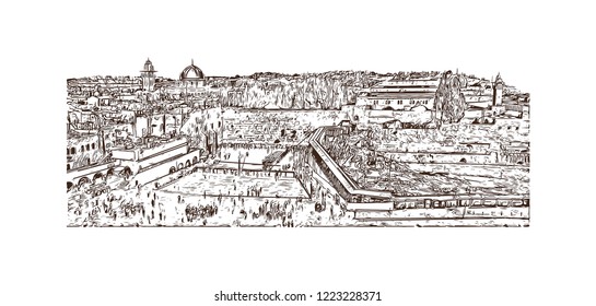 Building view with landmark of Israel, a Middle Eastern country on the Mediterranean Sea, is regarded by Jews, Christians and Muslims as the biblical Holy Land. Hand drawn sketch in vector.