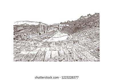 Building view with landmark of Israel, a Middle Eastern country on the Mediterranean Sea, is regarded by Jews, Christians and Muslims as the biblical Holy Land. Hand drawn sketch in vector.