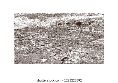 Building view with landmark of Israel, a Middle Eastern country on the Mediterranean Sea, is regarded by Jews, Christians and Muslims as the biblical Holy Land. Hand drawn sketch in vector.