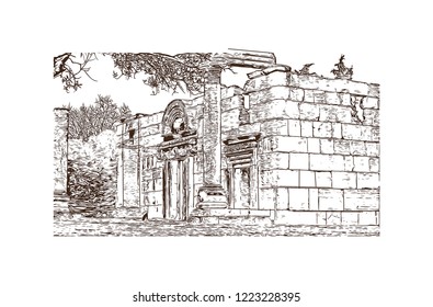 Building view with landmark of Israel, a Middle Eastern country on the Mediterranean Sea, is regarded by Jews, Christians and Muslims as the biblical Holy Land. Hand drawn sketch in vector.