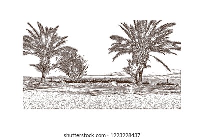 Building view with landmark of Israel, a Middle Eastern country on the Mediterranean Sea, is regarded by Jews, Christians and Muslims as the biblical Holy Land. Hand drawn sketch in vector.