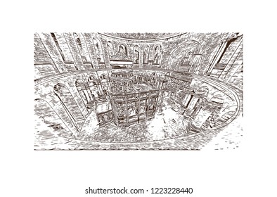 Building view with landmark of Israel, a Middle Eastern country on the Mediterranean Sea, is regarded by Jews, Christians and Muslims as the biblical Holy Land. Hand drawn sketch in vector.