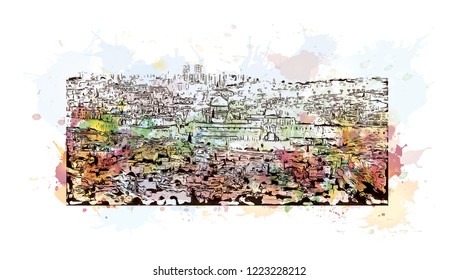Building view with landmark of Israel, is regarded by Jews, Christians and Muslims as the biblical Holy Land. Watercolor splash with Hand drawn sketch in vector.