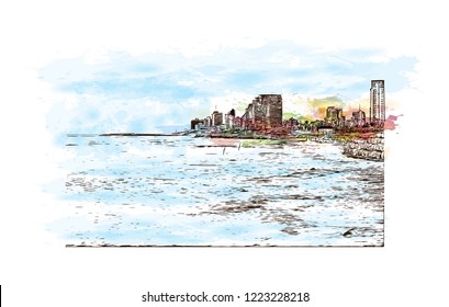 Building view with landmark of Israel, is regarded by Jews, Christians and Muslims as the biblical Holy Land. Watercolor splash with Hand drawn sketch in vector.