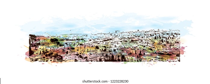 Building view with landmark of Israel, is regarded by Jews, Christians and Muslims as the biblical Holy Land. Watercolor splash with Hand drawn sketch in vector.