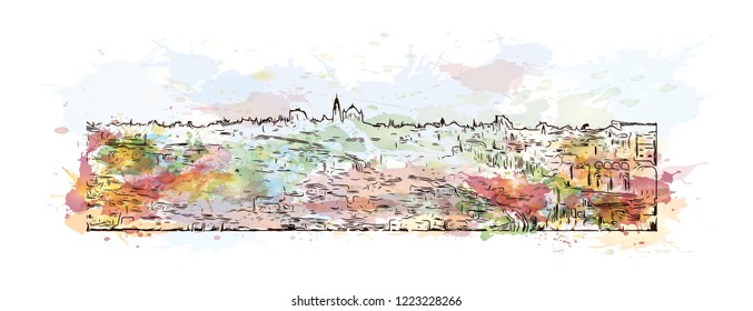 Building view with landmark of Israel, is regarded by Jews, Christians and Muslims as the biblical Holy Land. Watercolor splash with Hand drawn sketch in vector.