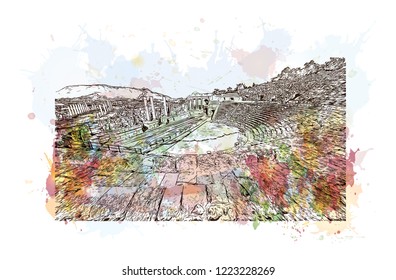 Building view with landmark of Israel, is regarded by Jews, Christians and Muslims as the biblical Holy Land. Watercolor splash with Hand drawn sketch in vector.