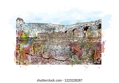 Building view with landmark of Israel, is regarded by Jews, Christians and Muslims as the biblical Holy Land. Watercolor splash with Hand drawn sketch in vector.