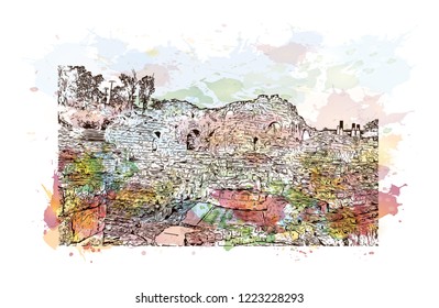 Building view with landmark of Israel, is regarded by Jews, Christians and Muslims as the biblical Holy Land. Watercolor splash with Hand drawn sketch in vector.