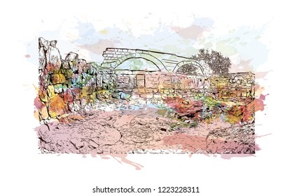Building view with landmark of Israel, is regarded by Jews, Christians and Muslims as the biblical Holy Land. Watercolor splash with Hand drawn sketch in vector.