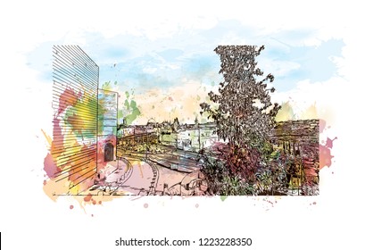 Building view with landmark of Israel, is regarded by Jews, Christians and Muslims as the biblical Holy Land. Watercolor splash with Hand drawn sketch in vector.