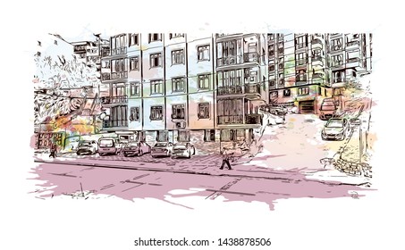 Building view with landmark of Istanbul is a major city in Turkey that straddles Europe and Asia across the Bosphorus Strait. Watercolor splash with hand drawn sketch illustration in vector.