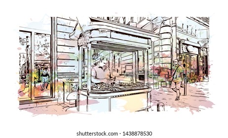 Building view with landmark of Istanbul is a major city in Turkey that straddles Europe and Asia across the Bosphorus Strait. Watercolor splash with hand drawn sketch illustration in vector.