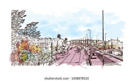 Building view with landmark of Istanbul is a major city in Turkey that straddles Europe and Asia across the Bosphorus Strait. Watercolor splash with hand drawn sketch illustration in vector.