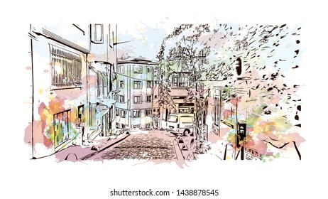 Building view with landmark of Istanbul is a major city in Turkey that straddles Europe and Asia across the Bosphorus Strait. Watercolor splash with hand drawn sketch illustration in vector.